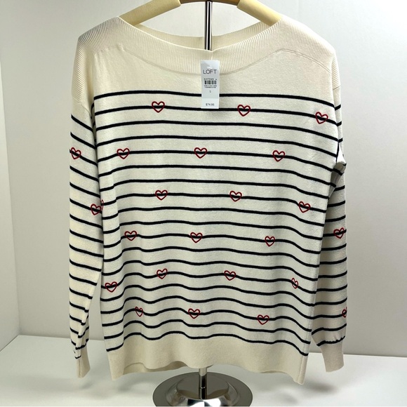 Ann Taylor LOFT White Black Heart Striped Knit Pullover Sweater Top SZ Small NEW - Picture 1 of 11